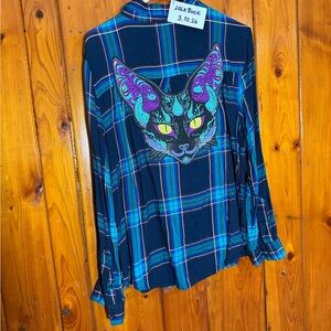 OOAK CUSTOM Cat backpatch long sleeve plaid button up shirt size L
